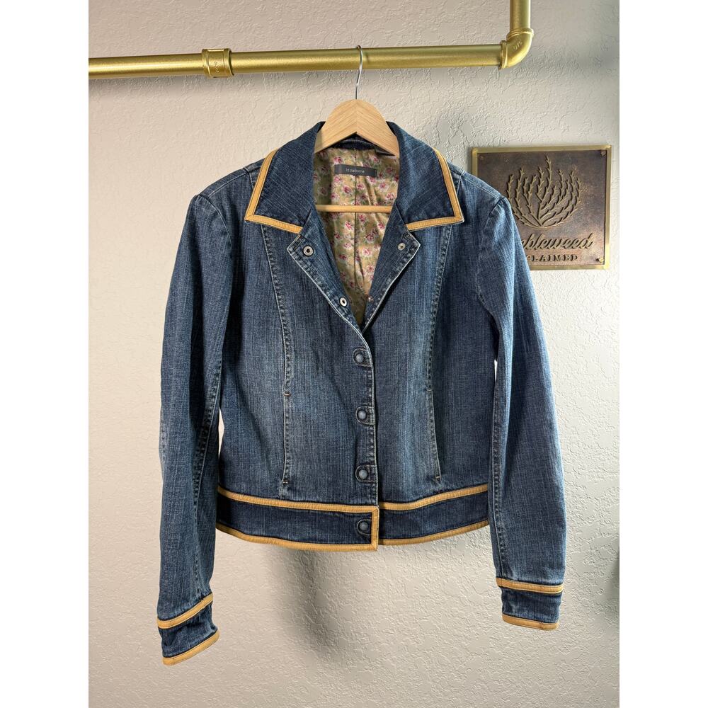 Women's Liz Claiborne Denim Blue‎ Jean Tan Trimmed Snap Front Jacket Size 4
